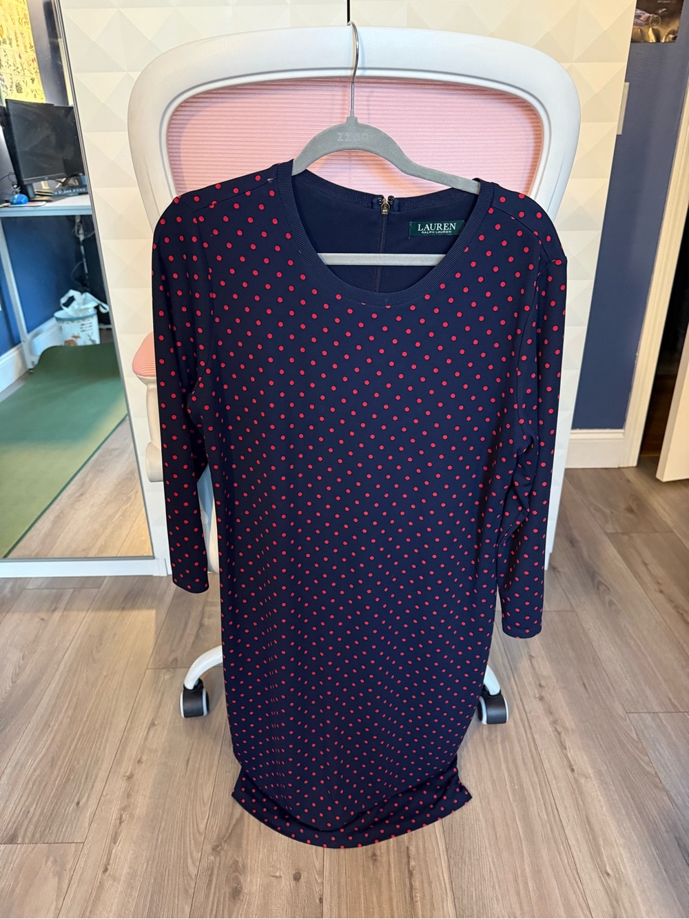 Ralph Lauren Navy Dress with Pink Polka Dots — Long Sleeve